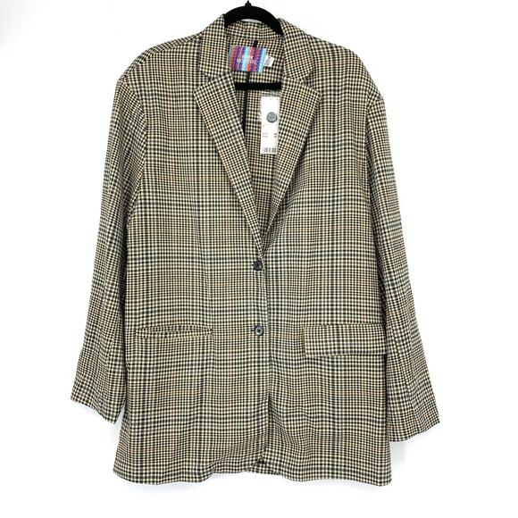Urban Outfitters Two Button Long Line Blazer Jacket Womens Sz M Tan Black Plaid - Picture 1 of 7